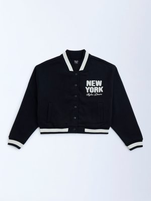 Y&F Kids Black Text Detailed Cotton-Blend Jacket