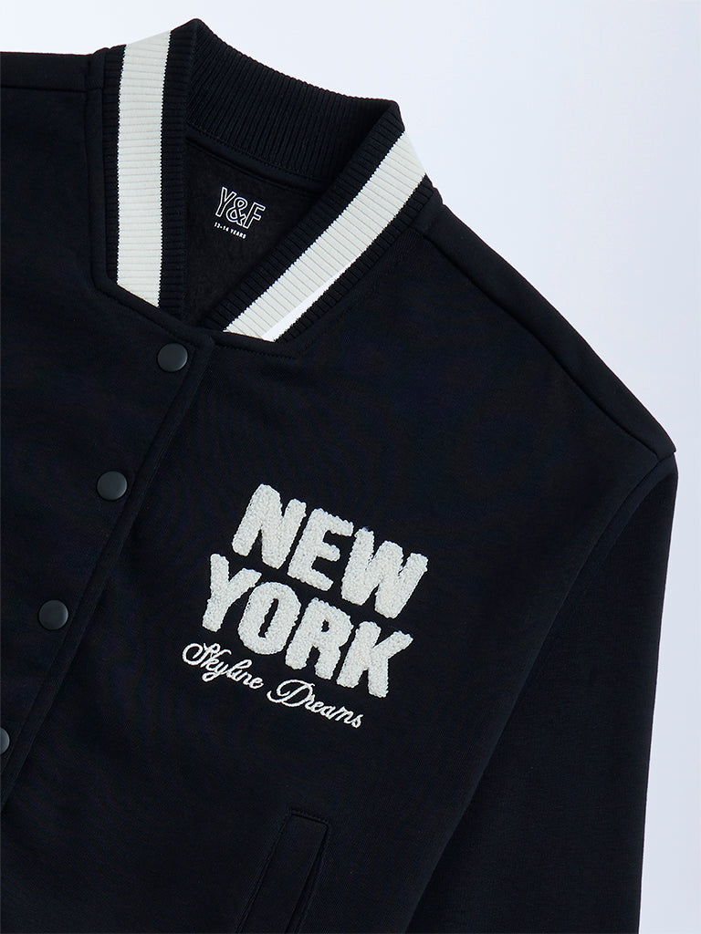 Y&F Kids Black Text Detailed Cotton-Blend Jacket - Image 3