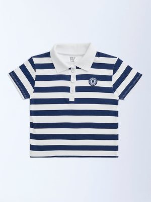Y&F Kids Navy Striped Cotton-Blend Polo T-Shirt