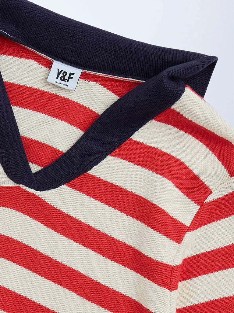 Y&F Kids Red Striped Cotton T-Shirt - Image 3