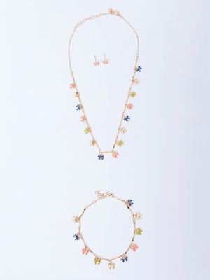 Westside Accessories Multicolour Enamel Bow Necklace. Earrings and Bracelet Set