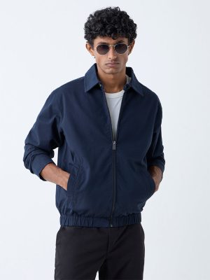 WES Casuals Navy Solid Relaxed-Fit Cotton Jacket