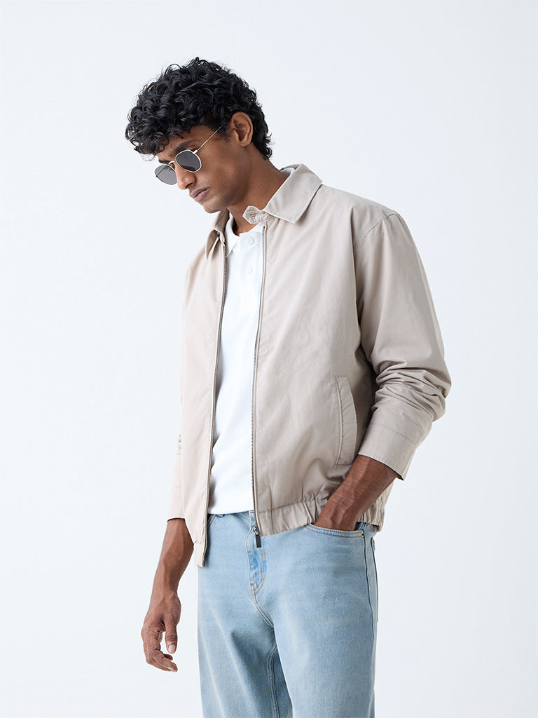 WES Casuals Beige Solid Relaxed-Fit Cotton Jacket