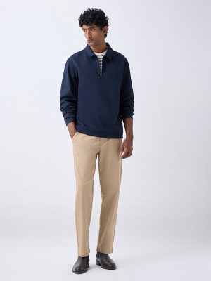 WES Casuals Beige Relaxed-Fit Mid-Rise Trousers