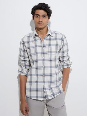 WES Casuals Off-White Checkered Relaxed-Fit Cotton Shirt