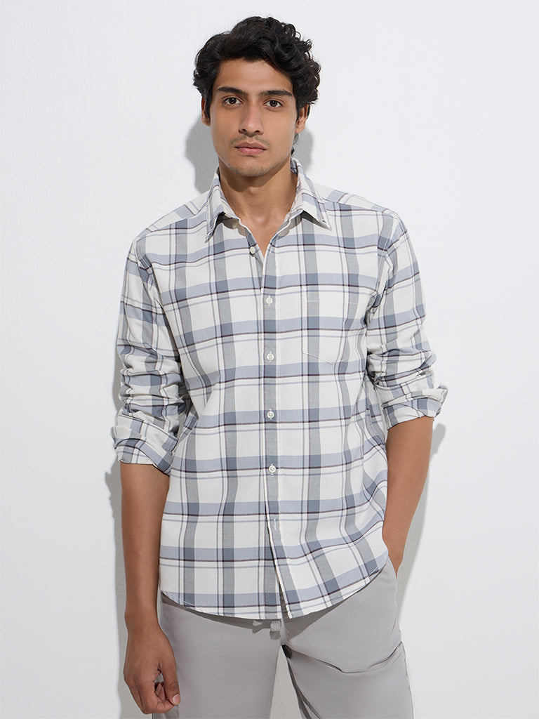 WES Casuals Off-White Checkered Relaxed-Fit Cotton Shirt