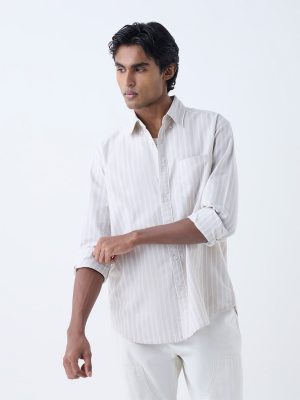 WES Casuals Beige Striped Relaxed-Fit Cotton Shirt