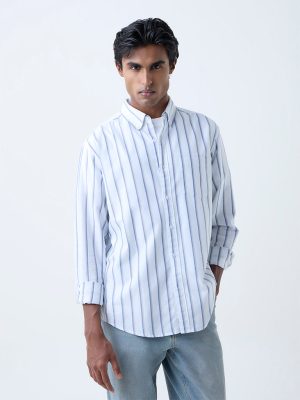 WES Casuals White Striped Relaxed-Fit Cotton Shirt