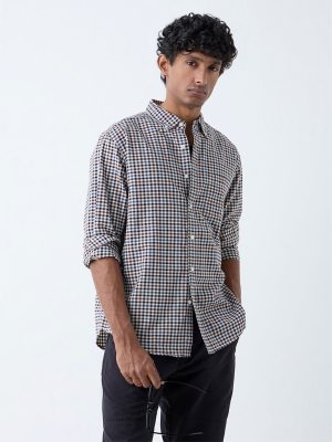 WES Casuals Brown Checkered Relaxed-Fit Cotton Shirt