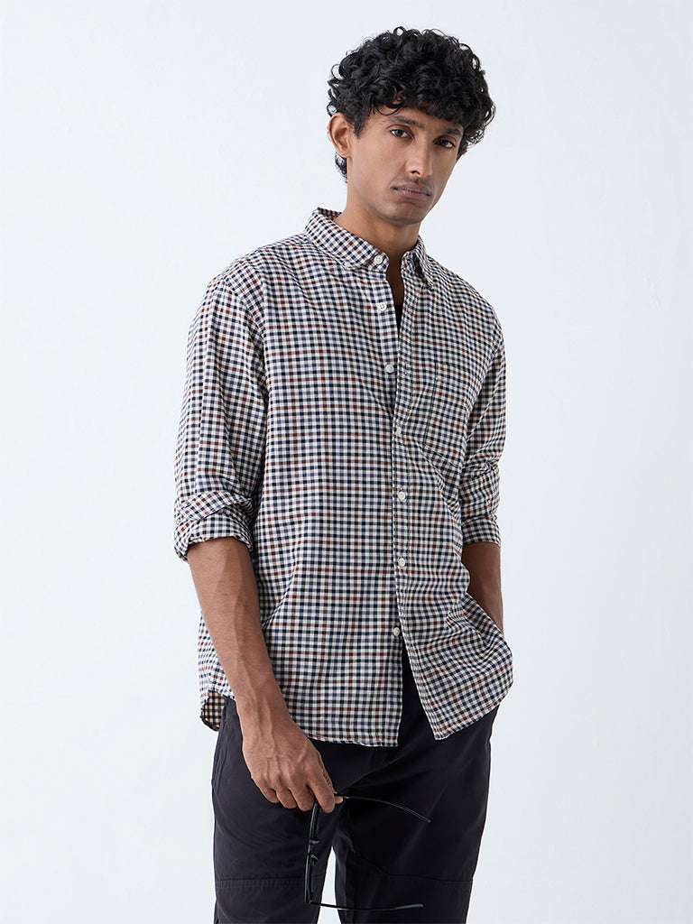 WES Casuals Brown Checkered Relaxed-Fit Cotton Shirt