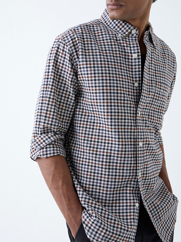 WES Casuals Brown Checkered Relaxed-Fit Cotton Shirt - Image 3