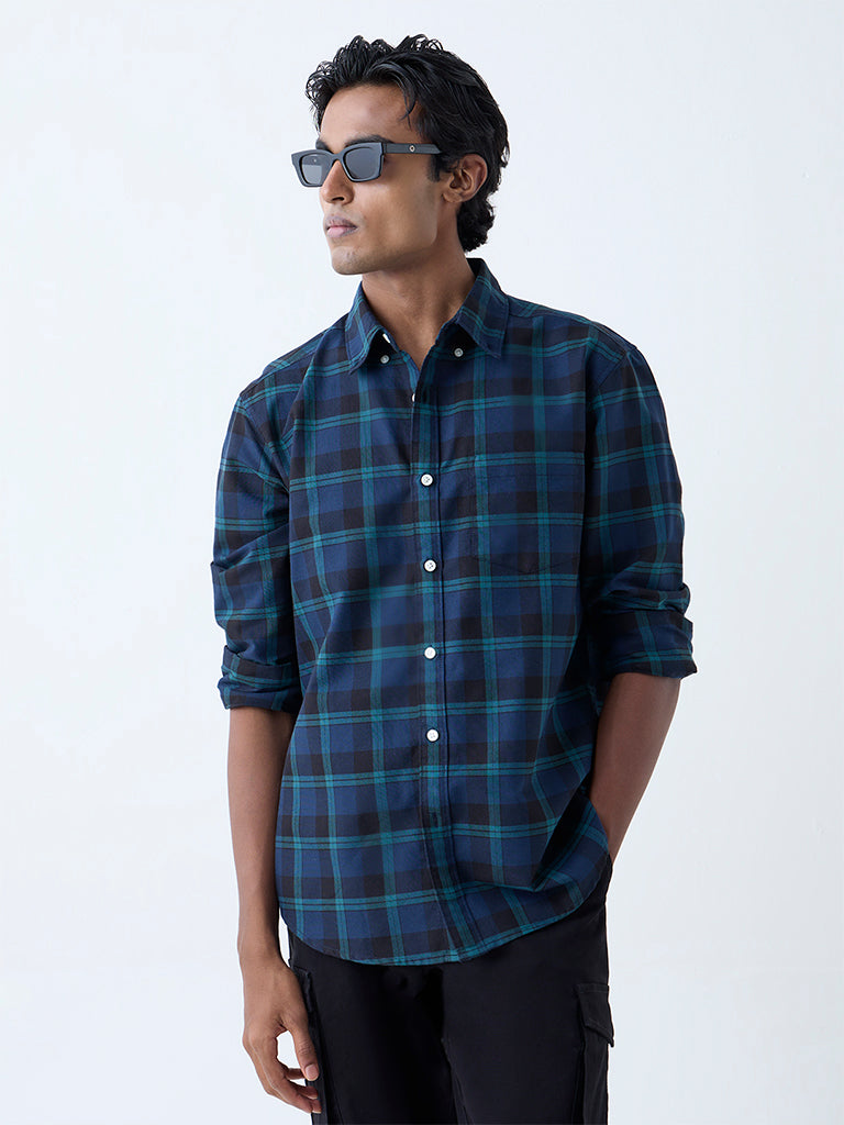 WES Casuals Navy Checkered Relaxed-Fit Cotton Shirt