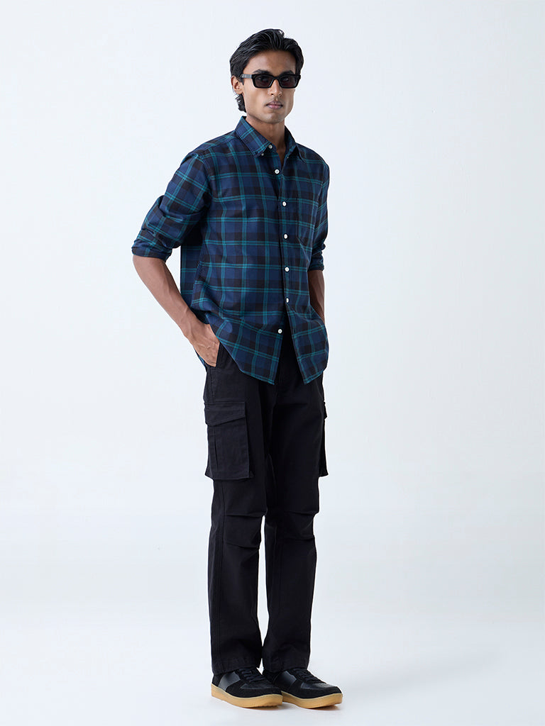 WES Casuals Navy Checkered Relaxed-Fit Cotton Shirt - Image 2