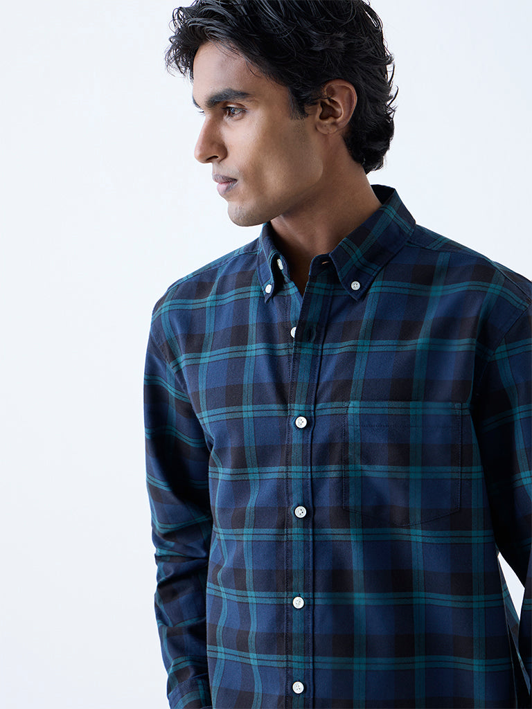WES Casuals Navy Checkered Relaxed-Fit Cotton Shirt - Image 3