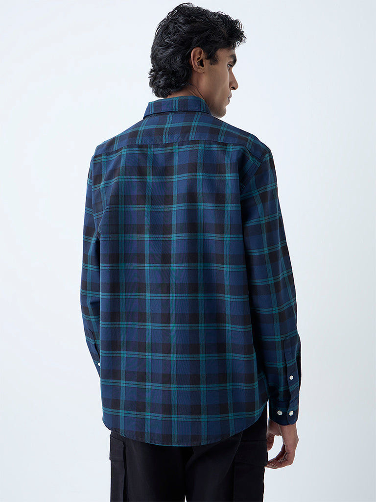 WES Casuals Navy Checkered Relaxed-Fit Cotton Shirt - Image 4
