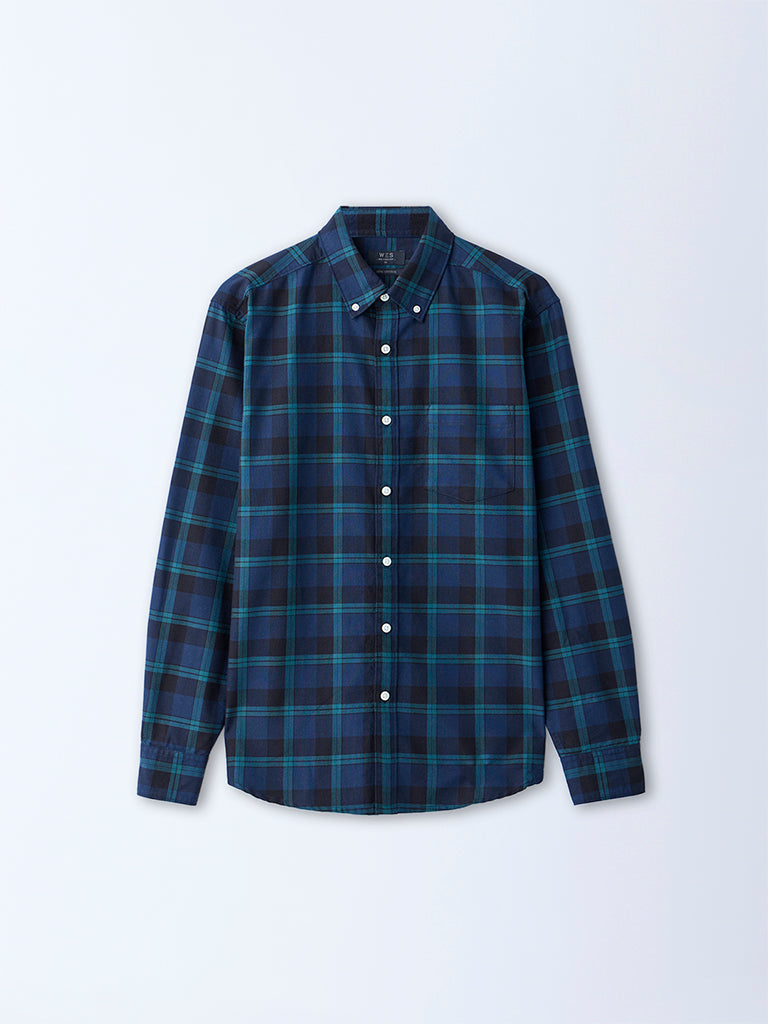 WES Casuals Navy Checkered Relaxed-Fit Cotton Shirt - Image 5