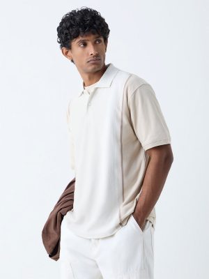 WES Casuals Beige Colour-Blocked Relaxed-Fit Cotton-Blend Polo T-Shirt