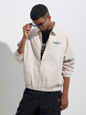 Nuon Beige Printed Relaxed-Fit Cotton Jacket