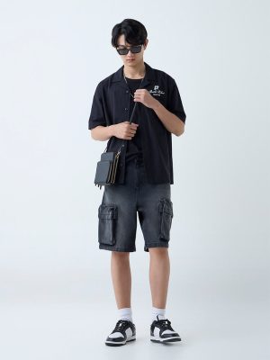 Nuon Black Text Design Relaxed-Fit Cotton Shirt