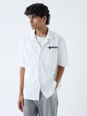 Nuon White Text Detailed Relaxed-Fit Shirt