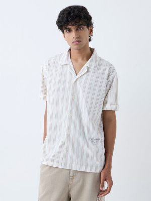 Nuon Beige Stripe Relaxed-Fit Cotton Shirt