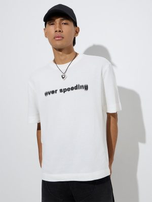 Nuon White Text Detailed Relaxed-Fit Cotton T-Shirt