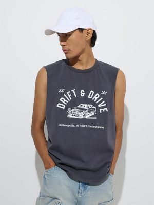 Nuon Dark Grey Typographic Slim-Fit Cotton T-Shirt