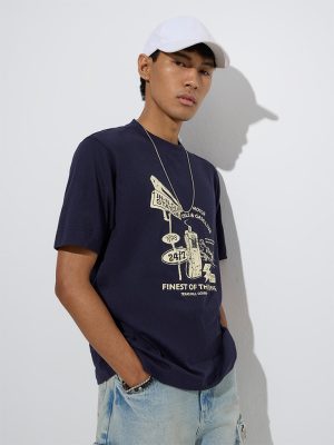Nuon Navy Graphic Printed Relaxed-Fit Cotton T-Shirt