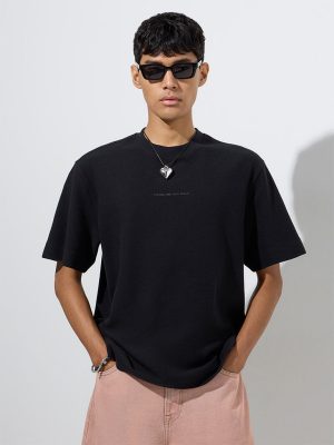 Nuon Black Text Detailed Relaxed-Fit Cotton T-Shirt