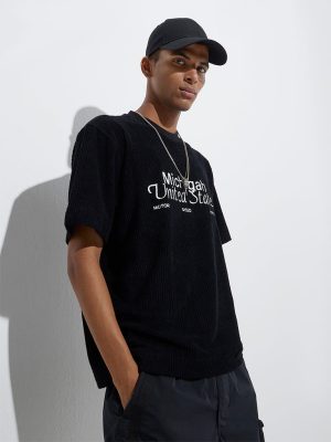 Nuon Black Text Printed Relaxed-Fit Cotton-Blend T-Shirt