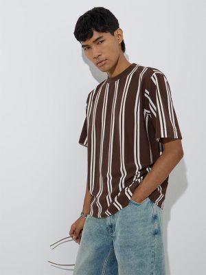 Nuon Dark Brown Stripe Patterned Relaxed-Fit T-Shirt