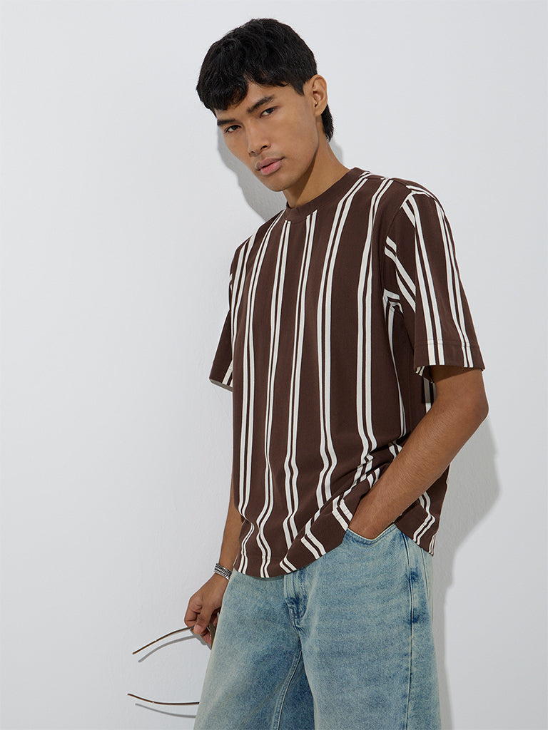Nuon Dark Brown Stripe Patterned Relaxed-Fit T-Shirt
