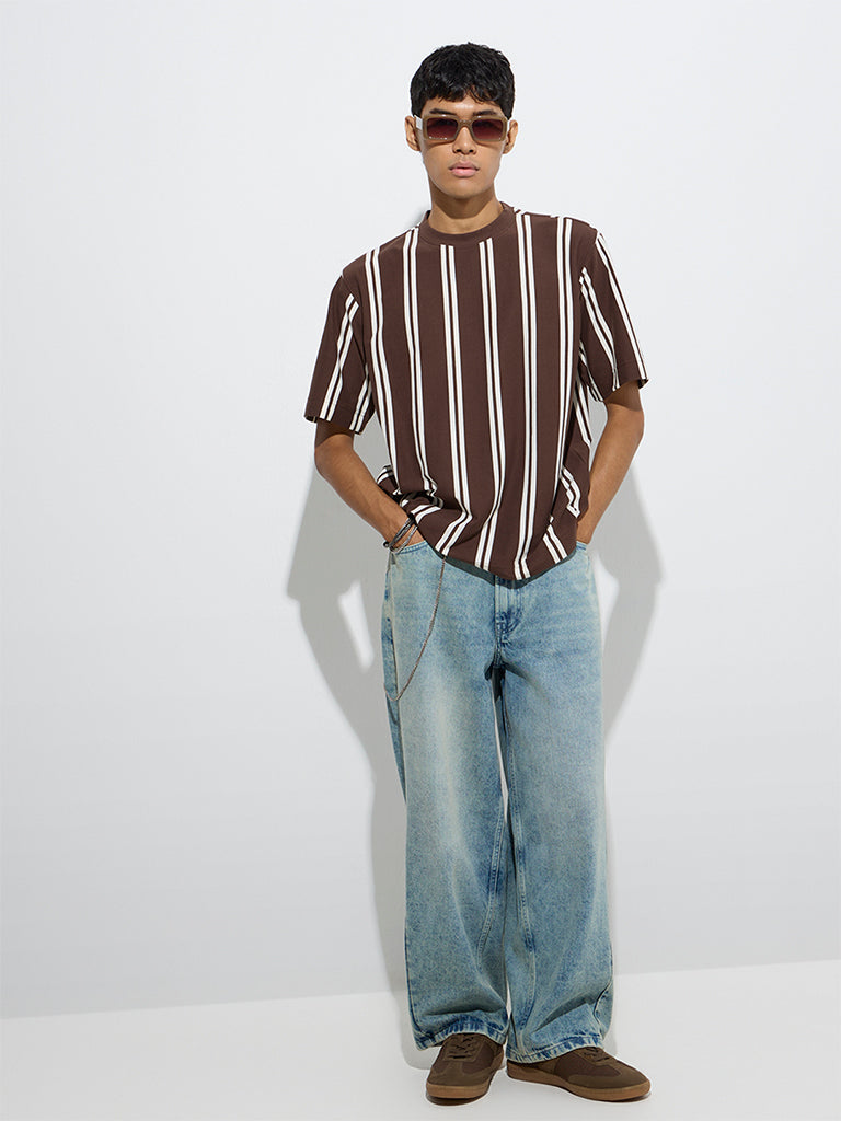 Nuon Dark Brown Stripe Patterned Relaxed-Fit T-Shirt - Image 3