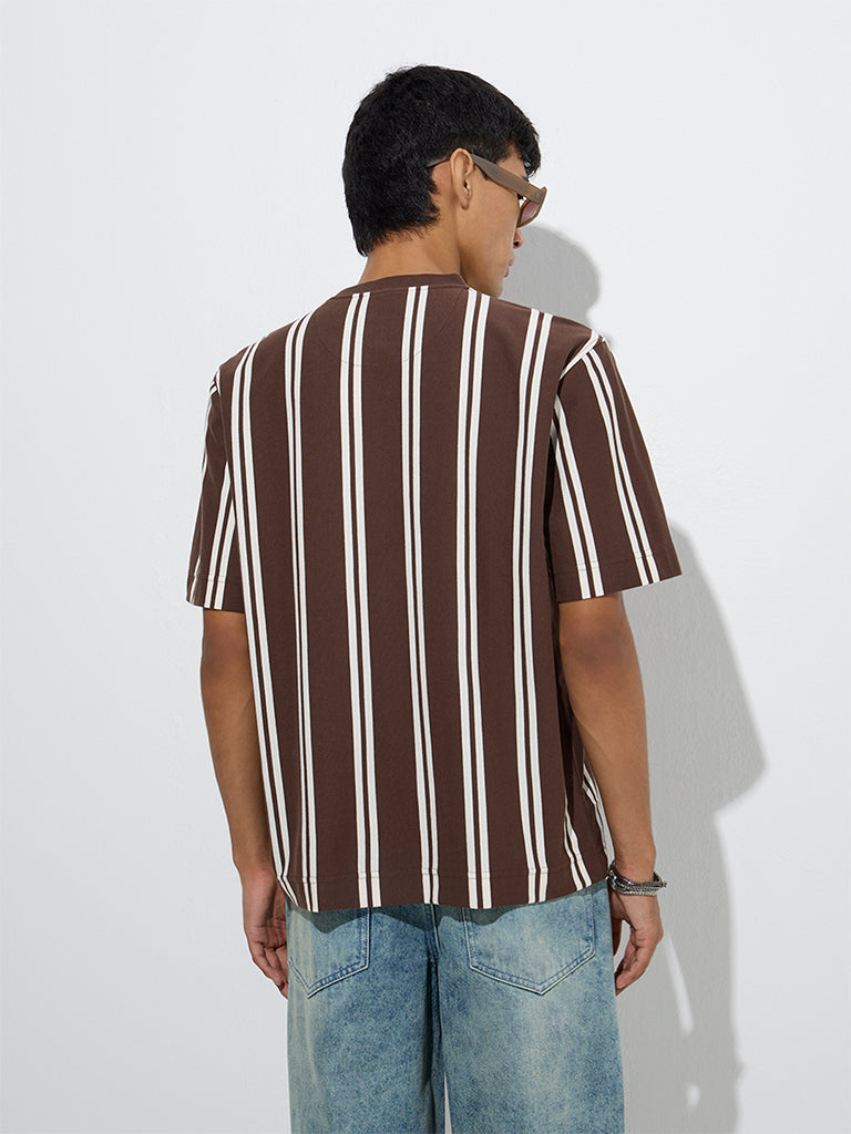 Nuon Dark Brown Stripe Patterned Relaxed-Fit T-Shirt - Image 5
