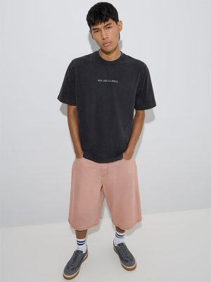 Nuon Dark Charcoal Text Printed Relaxed-Fit Cotton T-Shirt