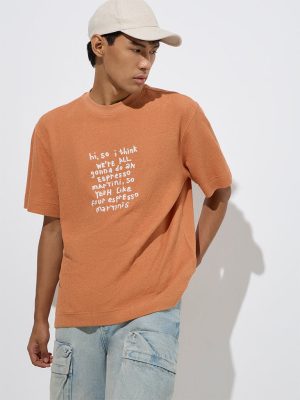 Nuon Orange Text Pattern Relaxed-Fit Cotton T-Shirt