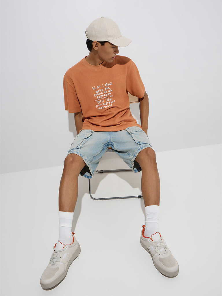 Nuon Orange Text Pattern Relaxed-Fit Cotton T-Shirt - Image 2