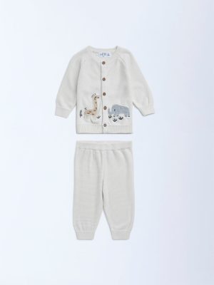 HOP Baby Off-White Cotton Sweater with Joggers Set