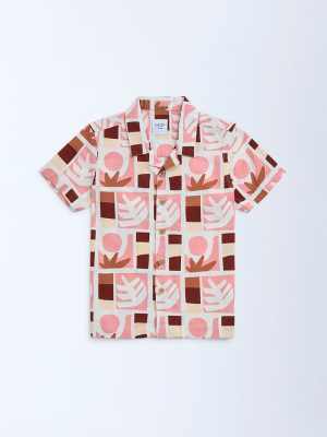 HOP Kids Peach Printed Cotton Shirt