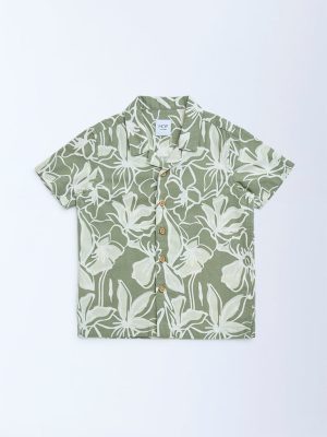 HOP Kids Kids Olive Floral Design Cotton Shirt