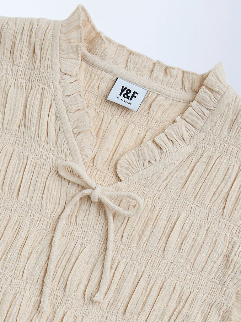 Y&F Kids Beige Smocked Cotton Top - Image 3