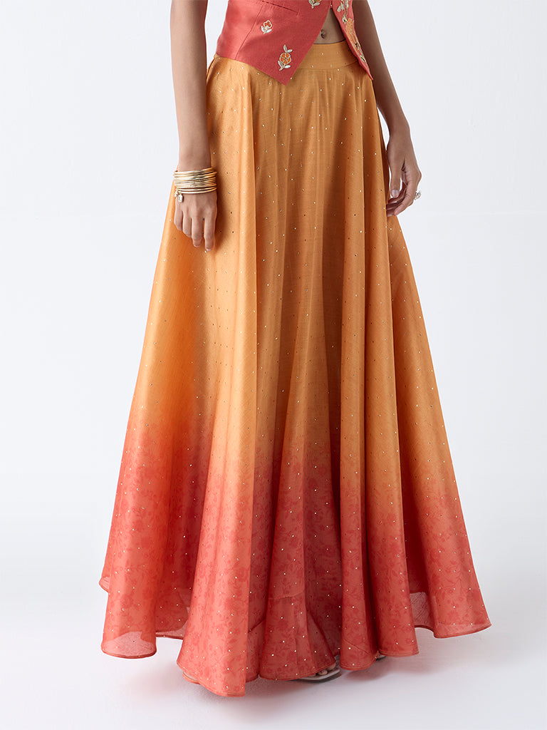 Vark Orange Shimmer Detailed Ombre Maxi Skirt - Image 2