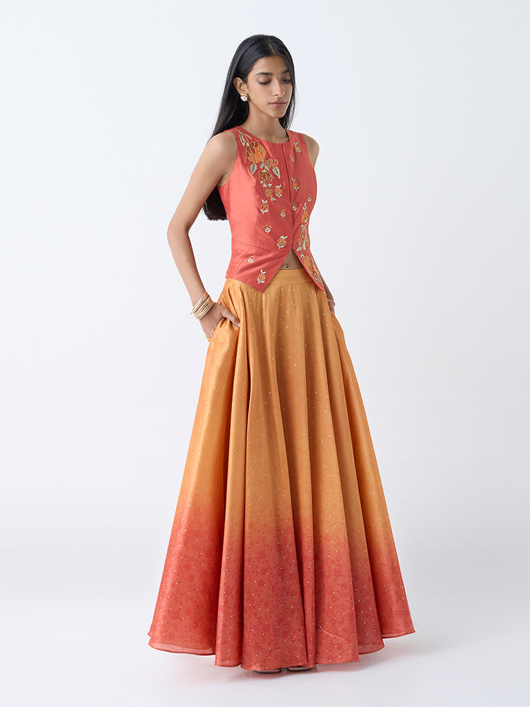 Vark Orange Shimmer Detailed Ombre Maxi Skirt