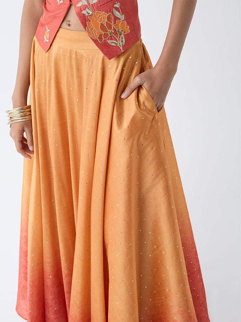 Vark Orange Shimmer Detailed Ombre Maxi Skirt - Image 3