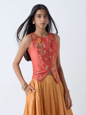 Vark Orange Floral Embroidered Vest Top