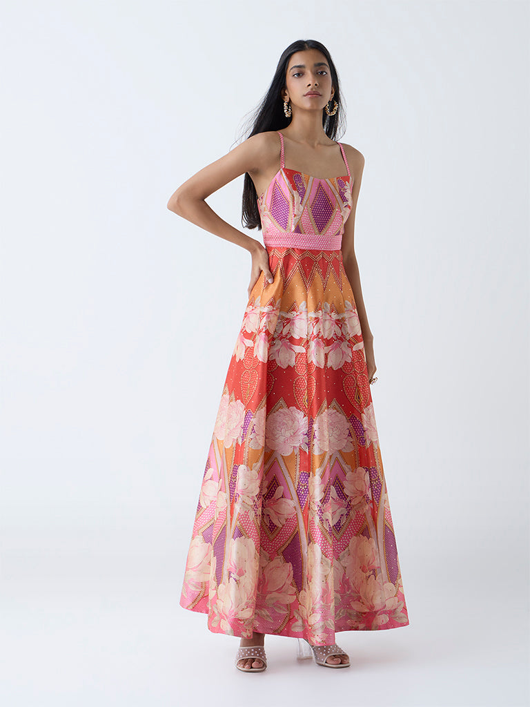 Vark Multicolour Floral Detailed Fit-and-Flare Dress