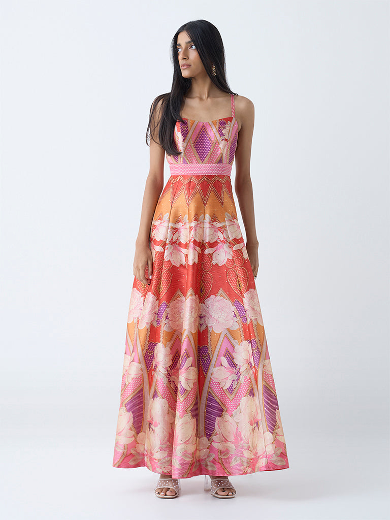 Vark Multicolour Floral Detailed Fit-and-Flare Dress - Image 2