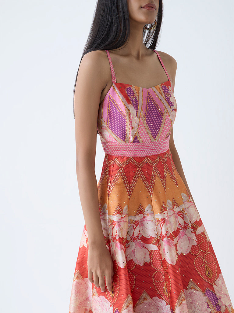 Vark Multicolour Floral Detailed Fit-and-Flare Dress - Image 3