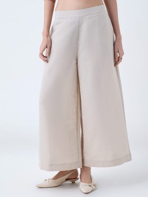 Zuba Taupe Solid Linen-Blend Palazzos