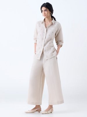 Zuba Taupe Floral Embroidered Linen-Blend Ethnic Tunic